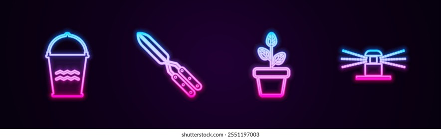 Set line Bucket, Gardening handmade scissor, Flowers pot and Automatic irrigation sprinklers. Glowing neon icon. Vector