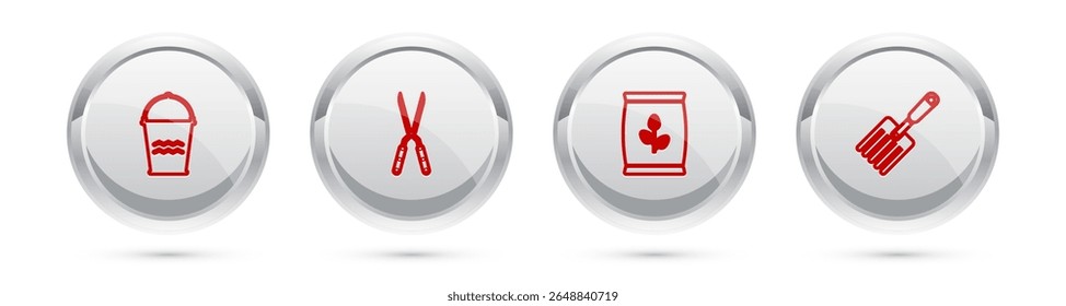 Set line Bucket, Gardening handmade scissor, Fertilizer bag and fork. Silver circle button. Vector