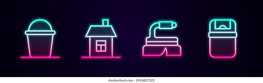 Set line Bucket, House, Brush for cleaning and Trash can. Glowing neon icon. Vector