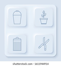 Set line Bucket, Plant in pot, Trash can and Gardening handmade scissors. White square button. Vector
