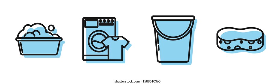 Set line Bucket , Plastic basin with soap suds , Washer and t-shirt  and Sponge  icon. Vector