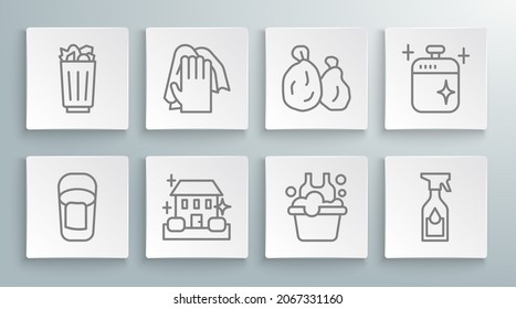 Set line Bucket with rag, Cleaning service, Home cleaning, Basin soap suds, spray bottle, Garbage bag, cooking pot and Full trash can icon. Vector