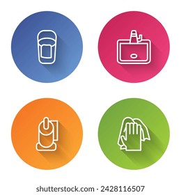 Set line Bucket with rag, Washbasin, Toilet paper roll and Cleaning service. Color circle button. Vector