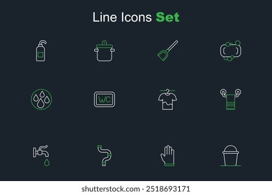 Cubo de la línea del sistema, guantes de goma, tubo metálico de la industria, grifo de agua, toalla en la suspensión, secado de ropa, inodoro y gota icono. Vector