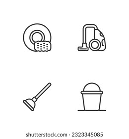 Set line Bucket, Rubber plunger, Washing dishes and Vacuum cleaner icon. Vector