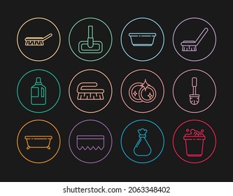 Fijar línea Cubo con suds de jabón, Pincel de inodoro, Cubierta de plástico, Cepillo para la limpieza, Suavizador de tela, Vidrieras de lavado e ícono de Mop. Vector