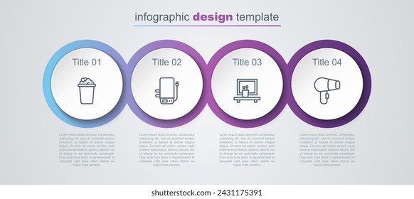 Set line Bucket with soap suds, Electric boiler, Washbasin mirror and Hair dryer. Business infographic template. Vector