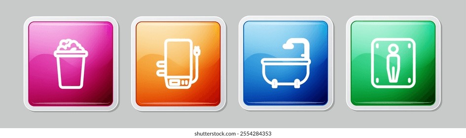 Set line Bucket with soap suds, Electric boiler, Bathtub and Male toilet. Colorful square button. Vector