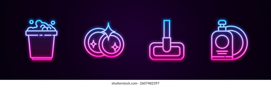 Set line Bucket with soap suds, Washing dishes, Mop and Dishwashing liquid bottle and plate. Glowing neon icon. Vector