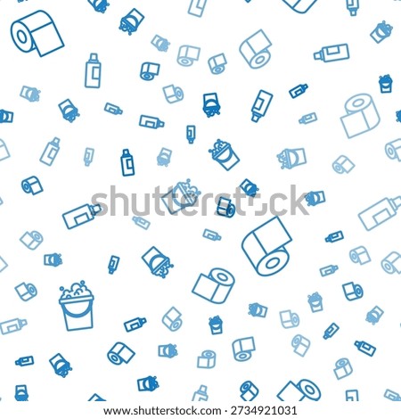 Set line Bucket with soap suds, Toilet paper roll and Bottle for cleaning agent on seamless pattern. Vector
