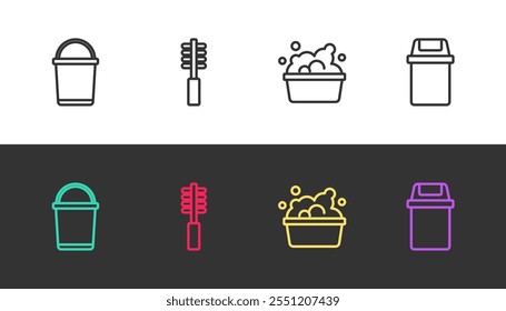 Set line Bucket, Toilet brush, Basin with soap suds and Trash can on black and white. Vector