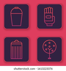 Set line Bucket, Trash can, Garden gloves and Tree. Blue square button. Vector