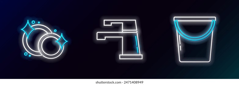 Set line Bucket, Washing dishes and Water tap icon. Glowing neon. Vector