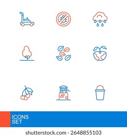Set line Bucket, Well, Fresh berries, Apple, Fruit tree, Seeds of specific plant, Cloud with rain and Stop colorado beetle icon. Vector