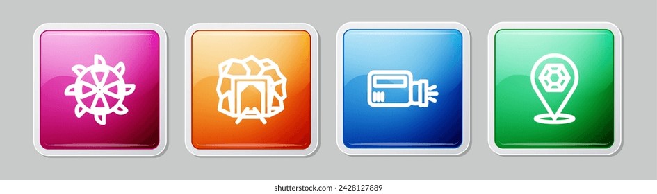 Set line Bucket wheel excavator, Mine entrance, Flashlight and Gem stone. Colorful square button. Vector