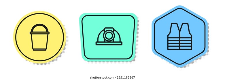Set line Bucket, Worker safety helmet and Safety vest. Colored shapes. Vector