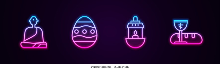 Set line Buddhist monk, Easter egg, Ramadan Kareem lantern and First communion symbols. Glowing neon icon. Vector