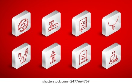 Set line Buddhist monk, Holy book of Koran, Christian cross chain, Tombstone with RIP written, Pentagram circle, Church pastor preaching and Hands praying position icon. Vector