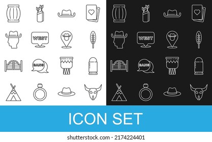 Set line Buffalo skull, Bullet, Indian feather, Western cowboy hat, Pointer to wild west, Cowboy, Gun powder barrel and Location icon. Vector
