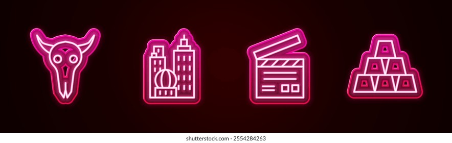 Set line Buffalo skull, City landscape, Movie clapper and Gold bars. Glowing neon icon. Vector