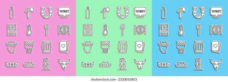 Set line Buffalo skull, Deck of playing cards, Saloon door, Horseshoe, Gallows rope loop hanging, Wanted western poster, Dynamite bomb and Shovel icon. Vector