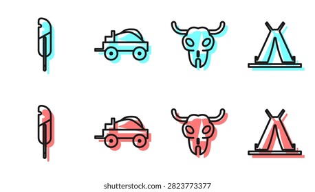 Set line Buffalo skull, Feather pen, Wild west covered wagon and Indian teepee or wigwam icon. Vector