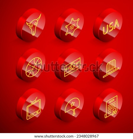 Set line Buffalo skull, Hexagram sheriff, USA label, Basketball ball, Stacks paper money cash, Patriotic American top hat, Retro tv and Military helmet icon. Vector