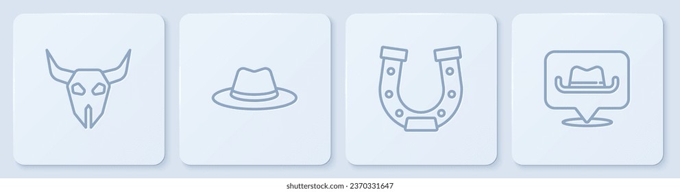 Set line Buffalo skull, Horseshoe, Western cowboy hat and Location. White square button. Vector