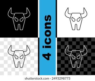 Set line Buffalo skull icon isolated on black and white, transparent background.  Vector