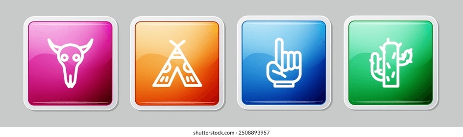 Set line Buffalo skull, Indian teepee or wigwam, Number 1 one fan hand glove and Cactus. Colorful square button. Vector