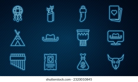 Fijar la línea Calavera de búfalo, Caracol de ubicación, Diente, sombrero occidental, tepee o wigwam indio, Cazador de sueños con plumas, icono de flechas de tambor y Quiver. Vector