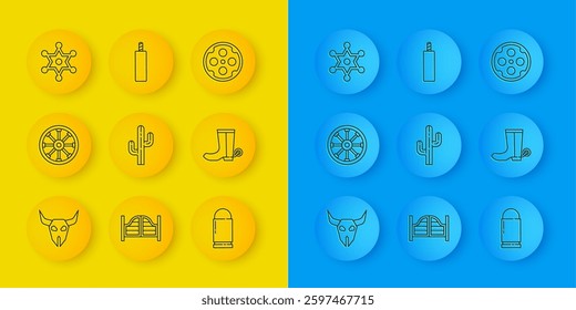 Set line Buffalo skull, Old wooden wheel, Cactus, Bullet, Cowboy boot, Hexagram sheriff, Revolver cylinder and Dynamite bomb icon. Vector