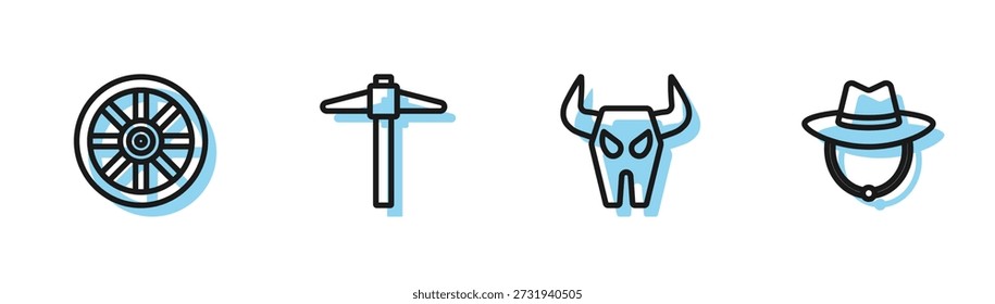 Set line Buffalo skull, Old wooden wheel, Pickaxe and Western cowboy hat icon. Vector