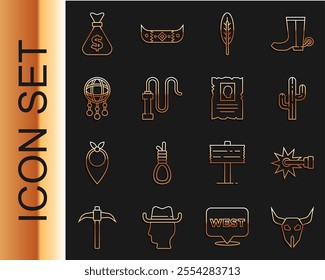 Set line Buffalo skull, Spur, Cactus, Indian feather, Leather whip, Dream catcher with feathers, Money bag and Wanted western poster icon. Vector