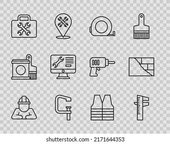 Set line Builder, Calliper or caliper and scale, Roulette construction, Clamp screw tool, Toolbox, Computer monitor service, Safety vest and Bricks icon. Vector