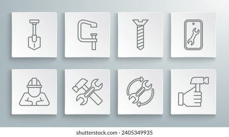 Set Line Builder, Clamp und Schraubenwerkzeug, Hammerschlüssel, Schraubenschlüssel als Workflow, Metallic, Mobile Service und Shovel Icon. Vektorgrafik