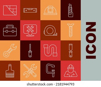 Set line Builder, Rasp metal file, Metallic screw, Worker safety helmet, Location with wrench, Toolbox, Bricks and Roulette construction icon. Vector