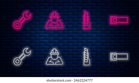 Set line Builder, Stationery knife, Wrench spanner and Hand saw. Glowing neon icon on brick wall. Vector