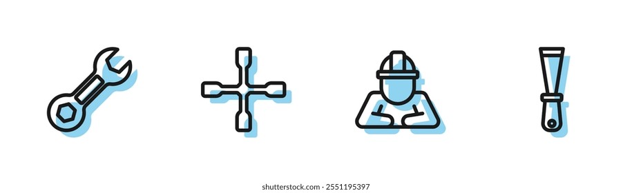 Establecer línea Builder, llave inglesa, llave de rueda y el icono de cuchillo de masilla. Vector