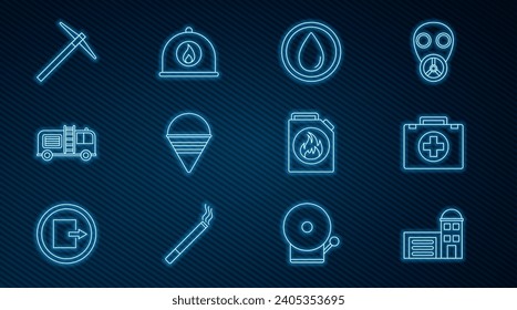 Set line Building of fire station, First aid kit, Water drop, Fire cone bucket, truck, Pickaxe, Canister for flammable liquids and Firefighter helmet icon. Vector