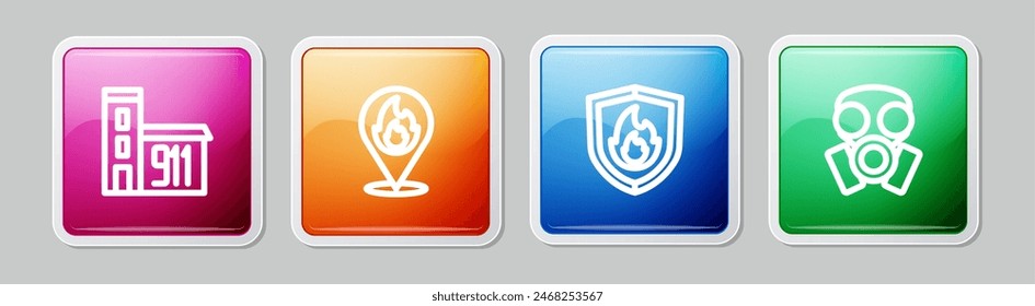 Set line Building of fire station, Location with flame, Fire protection shield and Gas mask. Colorful square button. Vector