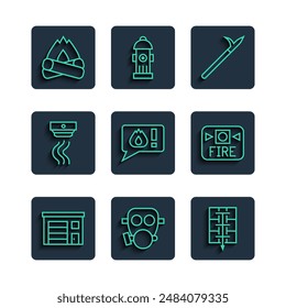 Set line Building of fire station, Gas mask, Evacuation plan, Metal pike pole, Telephone call 911, Smoke alarm system, Campfire and Fire icon. Vector