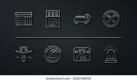 Set line Building of fire station, Electricity spark, No match, Fire alarm system, Matchbox and matches, Ringing bell and Burning car icon. Vector
