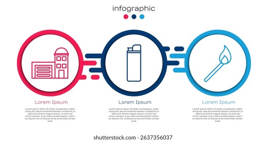 Set line Building of fire station, Lighter and Burning match with fire. Business infographic template. Vector