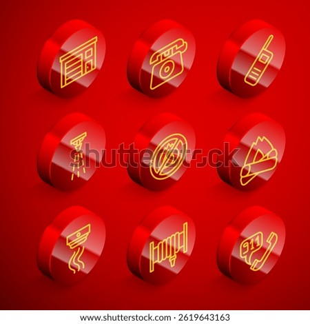 Set line Building of fire station, Telephone call 911, Walkie talkie, Fire sprinkler, No, Campfire, Smoke alarm system and hose reel icon. Vector