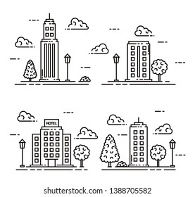 set of line building with trees and street lamps vector editable