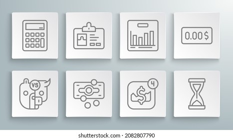 Set line Bull and bear of stock market, Identification badge, Stacks paper money cash, Mobile trading, Old hourglass, Pie chart infographic, Zero cost and Calculator icon. Vector