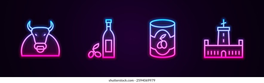 Set line Bull, Bottle of olive oil, Olives in can and Montjuic castle. Glowing neon icon. Vector