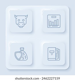 Set line Bull market, Pie chart infographic, Shield and money bag and Office folders. White square button. Vector
