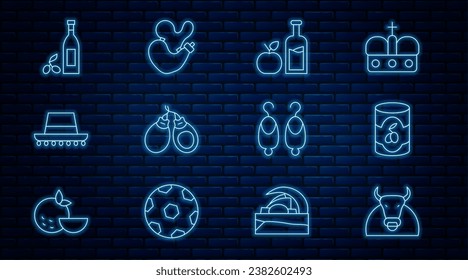 Línea Toro, Aceitunas en lata, botella de sidra de Apple, Castanets, sombrero español, Botella de aceite de oliva, Arados e ícono de vinagre. Vector